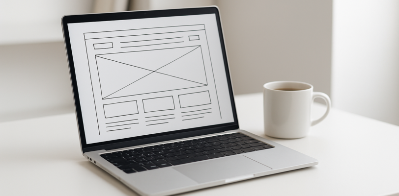 ホームページ制作 - laptop displaying a website wireframe