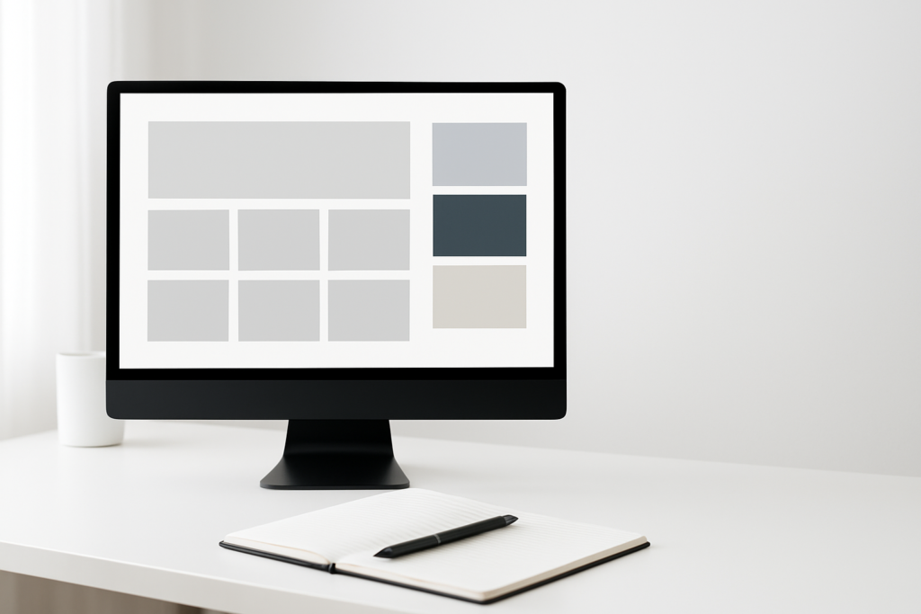 ホームページ制作 - desktop monitor showing website layout grid