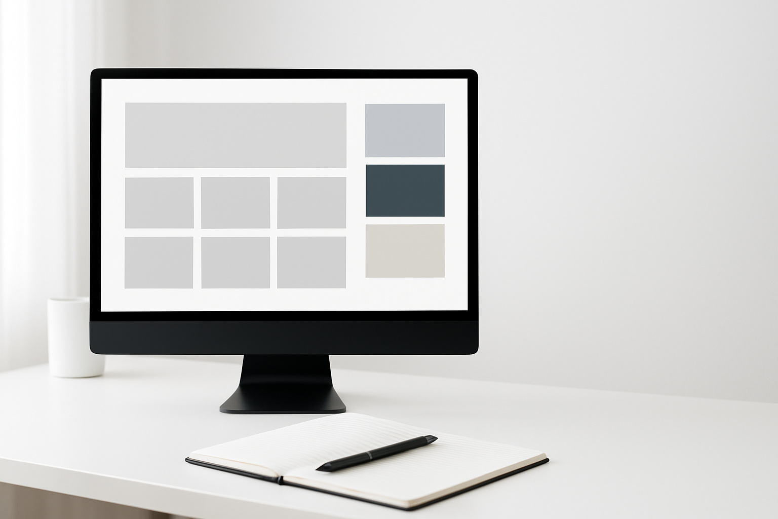 ホームページ制作 - desktop monitor showing website layout grid